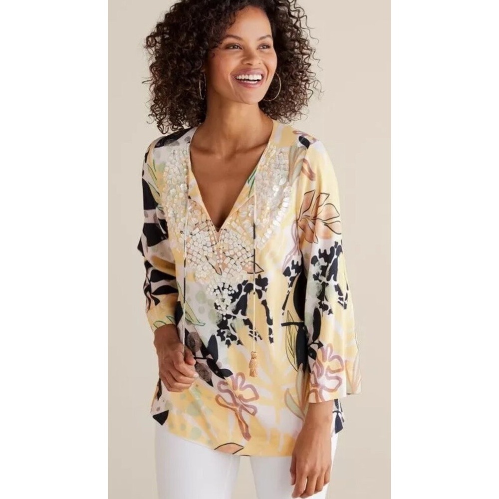 Soft Surroundings Vigne Tunic Medium NWT Boho Abstract Multi Embellished Blouse